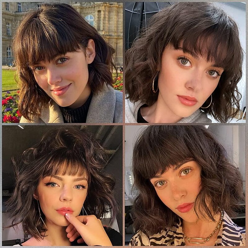 Dark Brown Wigs for Women Short Wavy Bob Wig with Bangs for Women Synthetic Short Curly Wave Wigs Heat Resistant Fiber Hair Wigs for Daily4