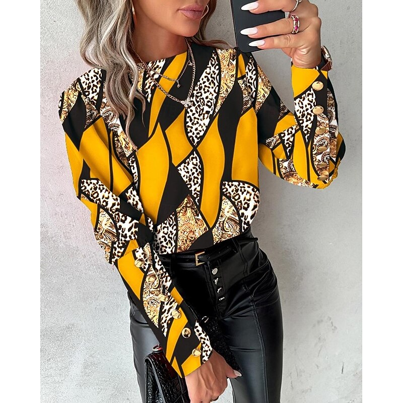Women's Blouse Elegant Color Block Buttons Print Raglan Sleeves Long Sleeve Round Neck Casual Yellow Red Blue Green Spring & Summer4