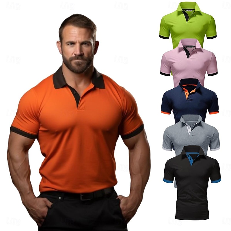 Men's Polo Shirt Golf Shirt Outdoor Casual Polo Collar Short Sleeve Classic Color Block Button Front Button-Down Summer Regular Fit Golden yellow Black / Red Black White Yellow Pink Polo Shirt