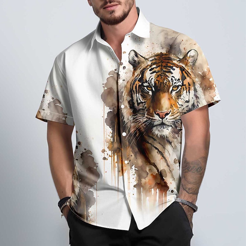 Men's Tiger Ink Painting Button Up Shirt Short Sleeve Fashion Hawaiian Outdoor Beach Summer All Seasons Button Up 3D Print Yellow Red