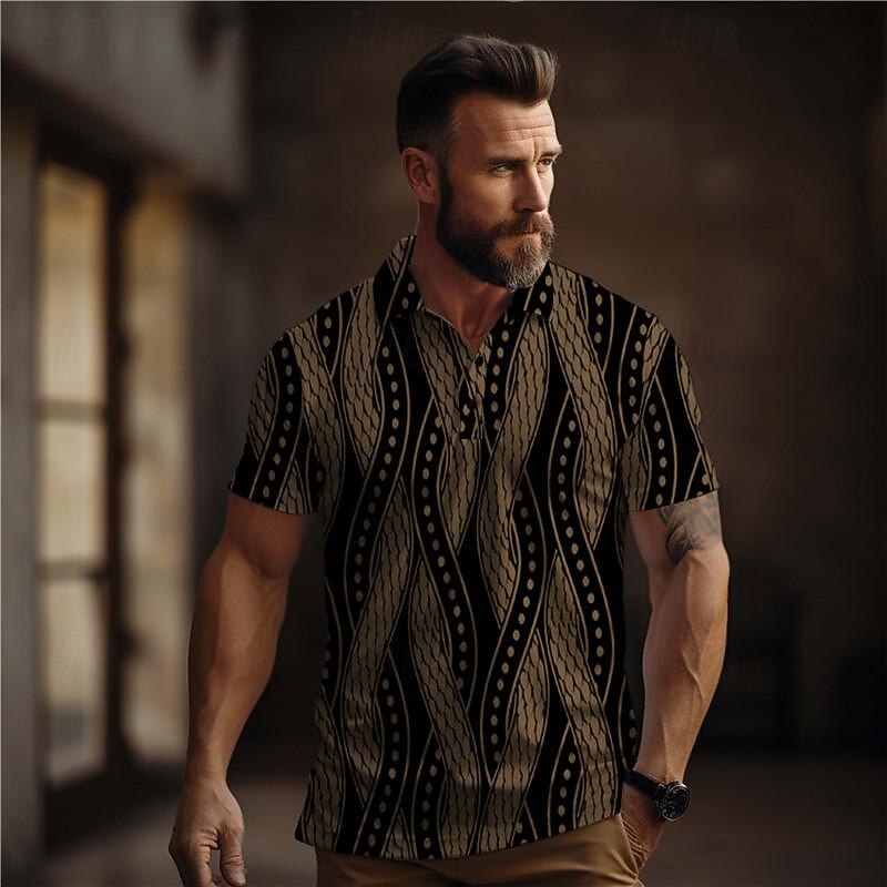 Men's Geometric Golf Shirt Short Sleeve Polo Shirts Collared Shirts Vacation Wear Formal Wear Festival Wear Buttons 3D Print Summer White Brown Khaki2