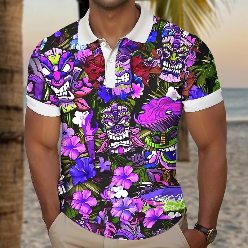 Kentucky Derby Men's Tiki Golf Shirt Short Sleeve Polo Shirts Collared Shirts Casual Beach Wear Vacation Wear Tropical Wear Party Outfits Buttons 3D Print Summer Yellow Pink Purple4