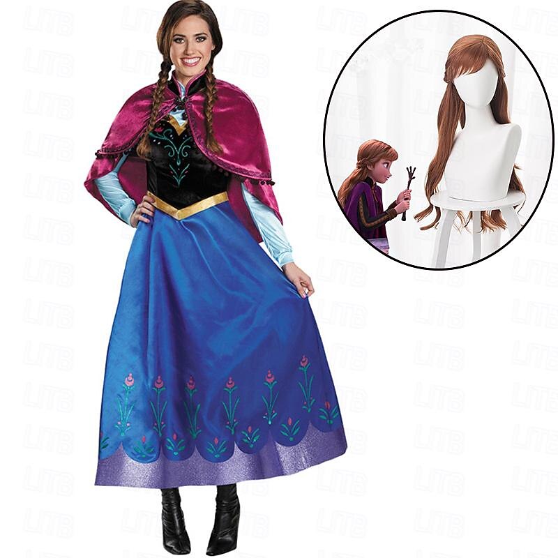 Set with Party Costume Tulle Dresses Curly Asymmetrical With Bangs Wig Very Long 2 PCS Women Frozen Fairytale Princess Anna Halloween Carnival Masquerade Polyester