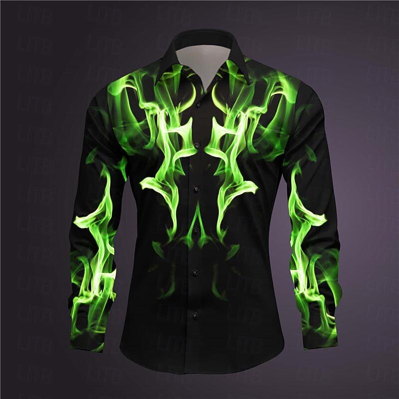 Men's Geometric Pattern Fire Shirt Button Up Shirt Long Sleeve Abstract Subcultural Daily Wear Going out Spring Turndown Print Button-Down Dark Red Yellow Pink Royal Blue Blue4