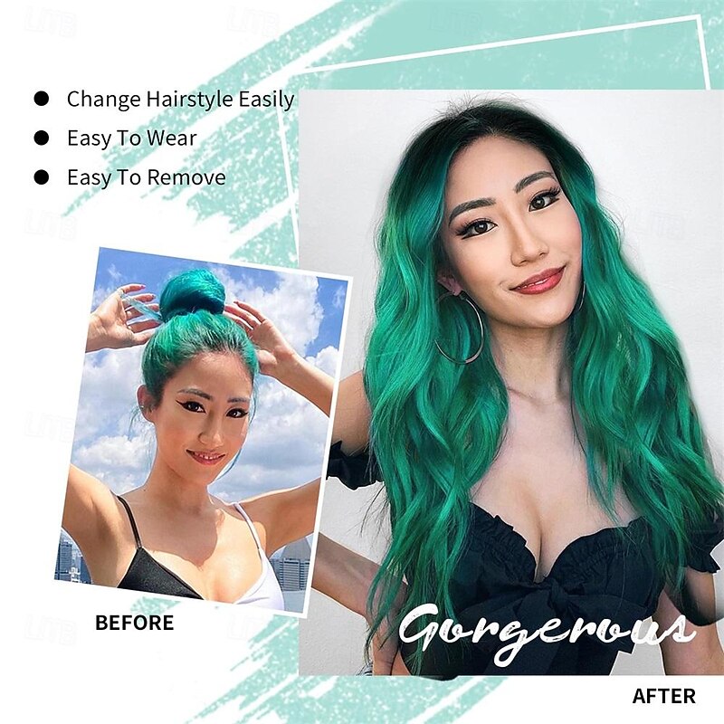 Long Wavy Wig for Women Ombre Green Middle Part Wigs Teal Wigs Long Curly Synthetic Heat Resistant Hair with Natural Hairline for Cosplay Party Everyday Use St.Patrick's Day Wigs4