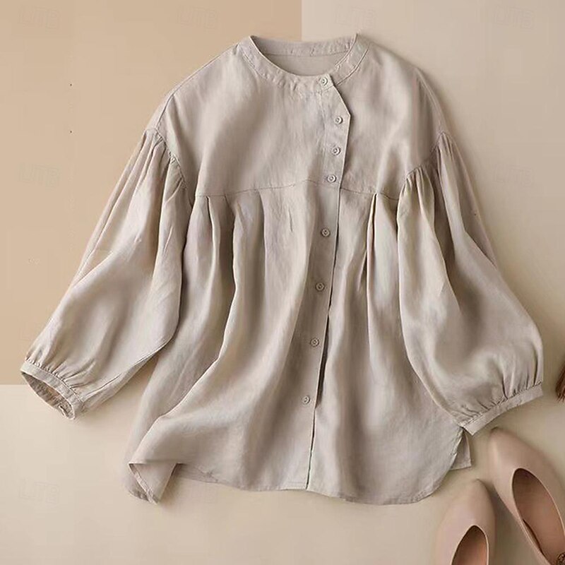 Women's Shirt Linen Shirt Blouse Long Cotton Top Solid Color Fashion Round Neck Street Daily Buttons Khaki Beige Spring &  Fall - Main Image
