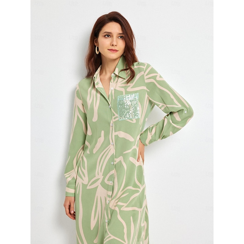 Simple Floral Sequin Shirt Dress3