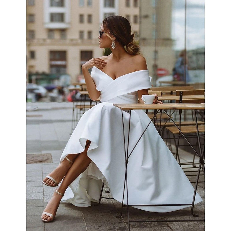 Simple Wedding Dresses Satin Little White Dresses A-Line Off Shoulder Formal Short Sleeve Tea Length Bridal Gowns With Solid Color dress to impress3