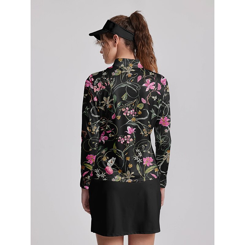 Women's Golf Polo Shirt Black Long Sleeve Sun Protection Top Floral Fall Winter Ladies Golf Attire Clothes Outfits Wear Apparel2