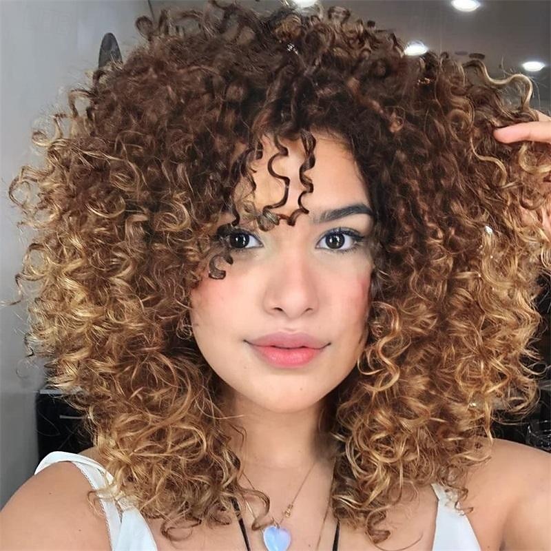 Curly Wigs for Black Women 14 Inches Soft Curly Afro Wigs With Bangs Premium Synthetic Brown Mixed Blonde Curly Wigs Curly Full Wig for Black Women Daily Use Halloween Wigs