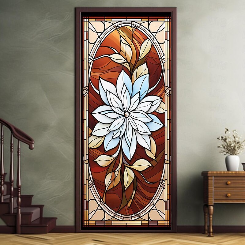 Stained Glass Flower Door Covers Mural Decor Door Tapestry Door Curtain Decoration Backdrop Door Banner Removable for Front Door Indoor Outdoor Home Room Decoration Farmhouse Decor Supplies2