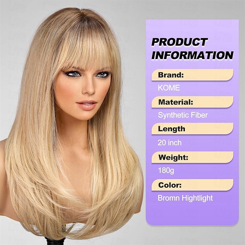Blonde Long Layered Wig with BangsStraight Hair Wigs for WomenSynthetic Heat Resistant Natural Looking Hair Wig for Party Cosplay Dality Use Halloween Wigs4