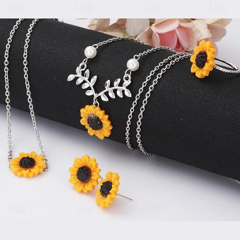 Jewelry Creative Sunflower Necklace Sunflower Earrings Ring Flower Bracelet Four Piece Set3