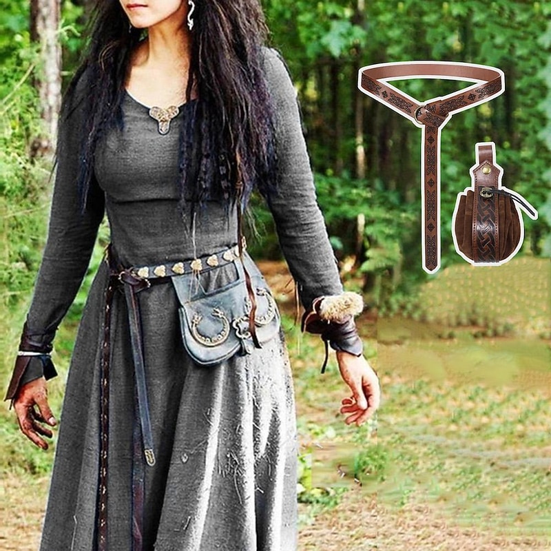 Retro Vintage Medieval Renaissance Dress Cosplay Costume Waist Belt Viking Outlander Ranger Fancy Dress Women's Celtic Viking Halloween Carnival Masquerade Halloween LARP Ren Faire Adults' Dress Bag4