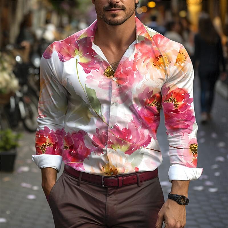 Valentine's Day Men's Rose Floral Shirt Button Up Shirt Long Sleeve Casual Daily Wear Going out Spring Turndown Print Button-Down Pink Blue Purple
