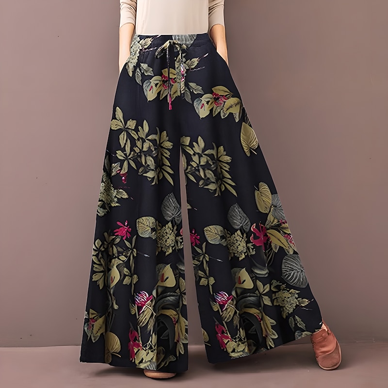 Women's Normal Culottes Wide Leg Wide Leg Pants Trousers Fashion Full Length Mid Waist Flower / Floral Side Pockets Baggy High Cut Comfort Inelastic Casual Weekend Yellow Red Deep Blue Summer Spring