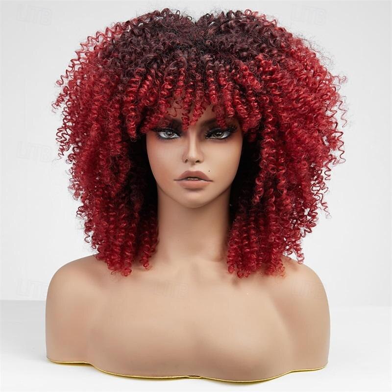 Red Curly Wigs for Black Women Red Kinky Curly Wig with Bangs 14 Inch Synthetic Afro Curly Wig for Daily Use Halloween Wigs4