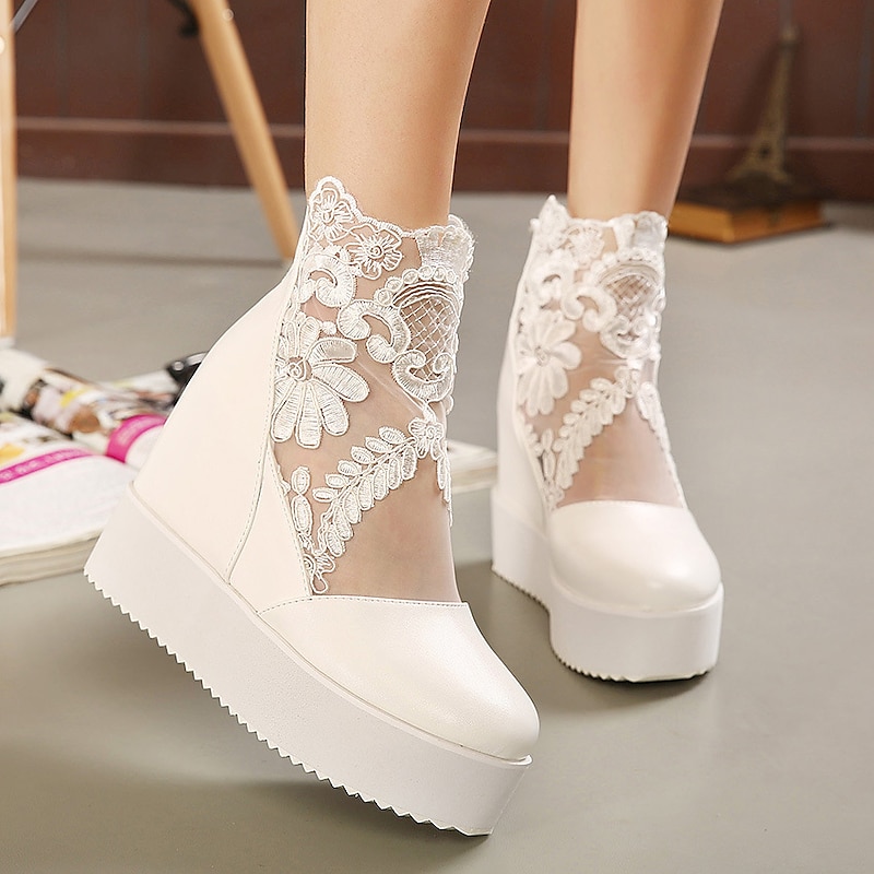 Women's White Platform Wedge Shoes with Lace Floral Embroidery – Stylish Bridal or Casual Party Footwear2