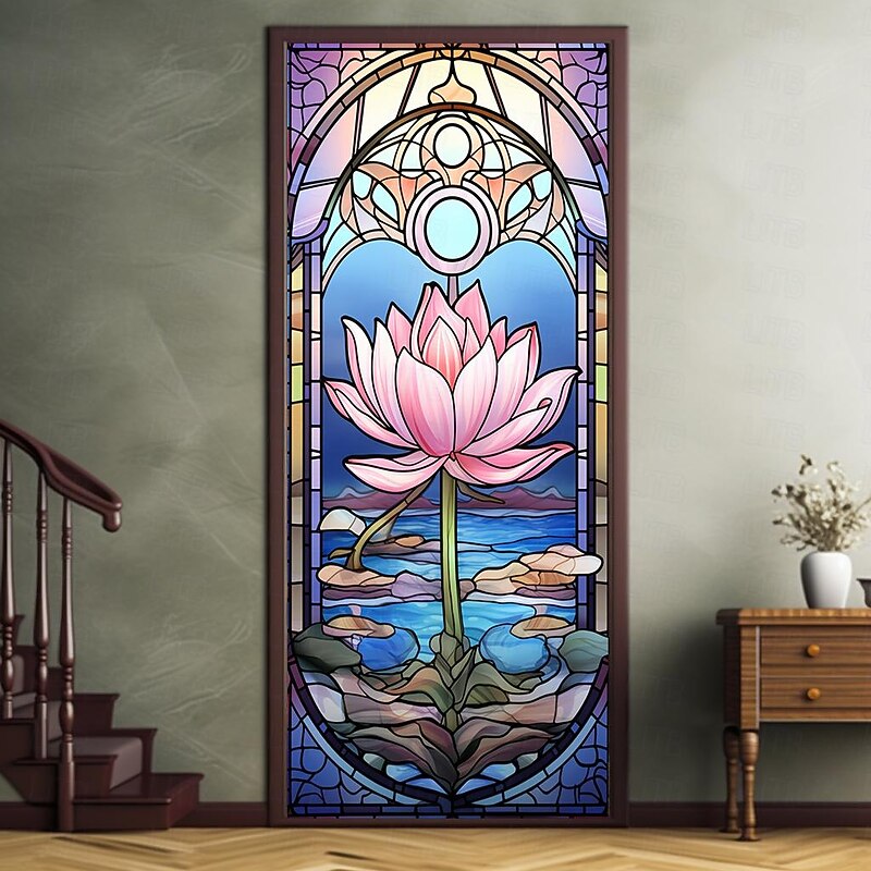 Stained Glass Lotus Door Covers Mural Decor Door Tapestry Door Curtain Decoration Backdrop Door Banner Removable for Front Door Indoor Outdoor Home Room Decoration Farmhouse Decor Supplies2