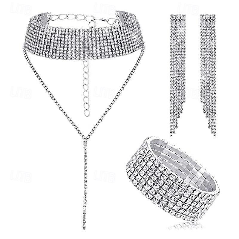 Bride's  Full Diamond Claw Chain Tassel Bracelet Earrings Neckchain Three piece Set Jewely Sets