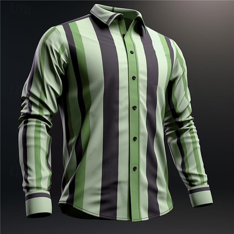 Men's Stripe Geometric Pattern Shirt Button Up Shirt Long Sleeve Business Business Casual Daily Wear Going out Spring Turndown Print Button-Down Blue Orange Green Khaki3