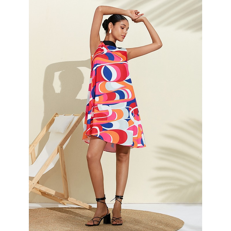 Satin Fanny Colorful Geometric Streamline Print Dress4