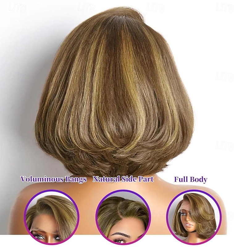 Wig Light Blonde Mix Brown Bob Layered Cut Wigs 13X4 Closure Bob Lace Front Wig Short Bob Wigs Right C Part Human Hair Frontal2