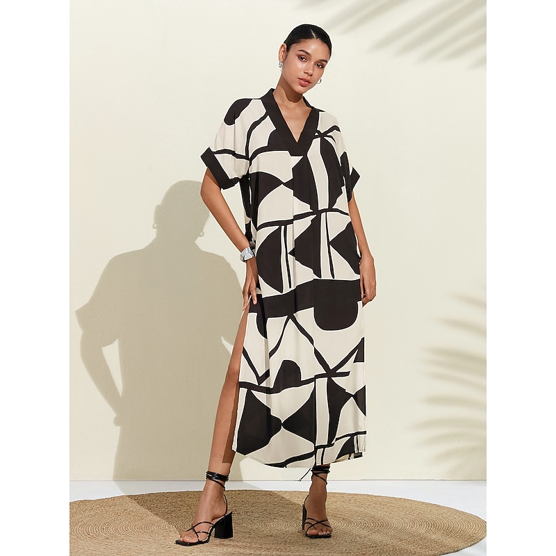 Women's White Short Sleeve Geometric Black and White Geometrical V Neck Loose Fit Double Slit Spring & Summer Spring and Summer Geometric Pattern Comfortable Loose Vacation S M L