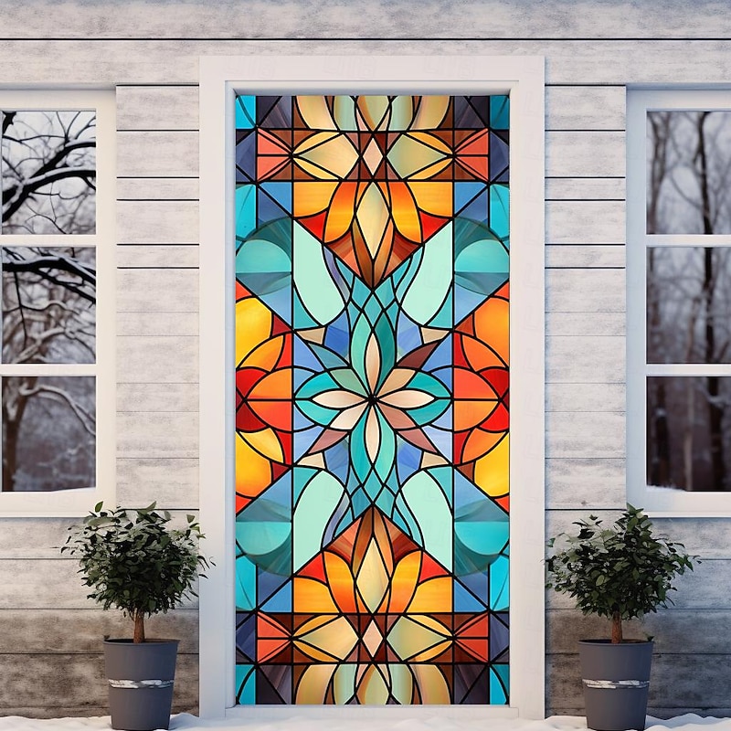 Stained Glass Stars Door Covers Mural Decor Door Tapestry Door Curtain Decoration Backdrop Door Banner Removable for Front Door Indoor Outdoor Home Room Decoration Farmhouse Decor Supplies4