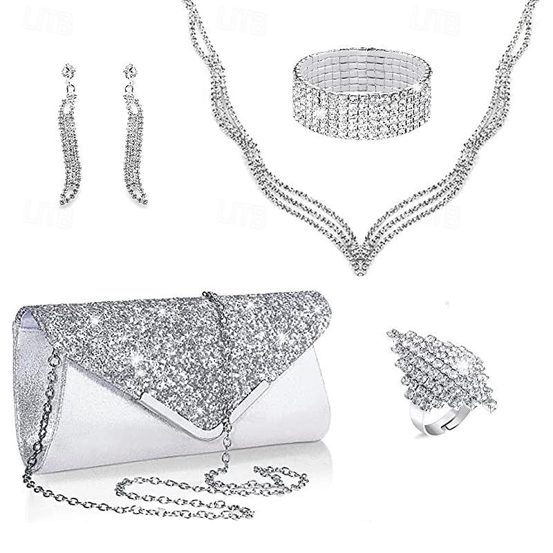 Bride Fashion Diamond Necklace Earrings Bracelet Ring Pu Sequin Handheld Bag Dinner Bag Set of Five