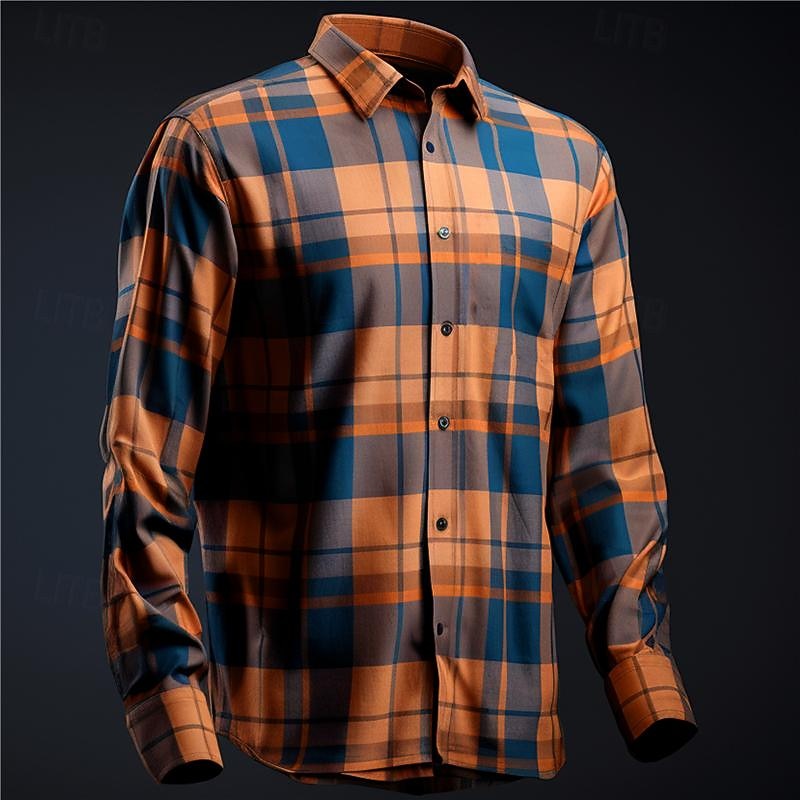 Men's Plaid / Check Geometric Pattern Shirt Button Up Shirt Long Sleeve Business Business Casual Daily Wear Going out Spring Turndown Print Button-Down Blue Orange Green Khaki
