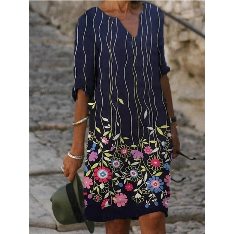Women's Casual Dress Ethnic Dress Shift Dress Midi Dress Leopard Black White Half Sleeve Floral Print Summer Spring V Neck Basic Daily Vacation Weekend 2023 S M L XL XXL 3XL