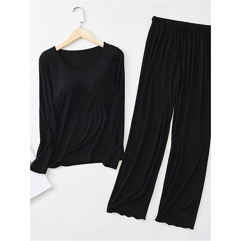 Women's Pajamas Sets Pure Color Simple Comfort Home Daily Bed Modal Breathable Crew Neck Long Sleeve T shirt Tee Pant Elastic Waist Summer Spring Home Outfits4
