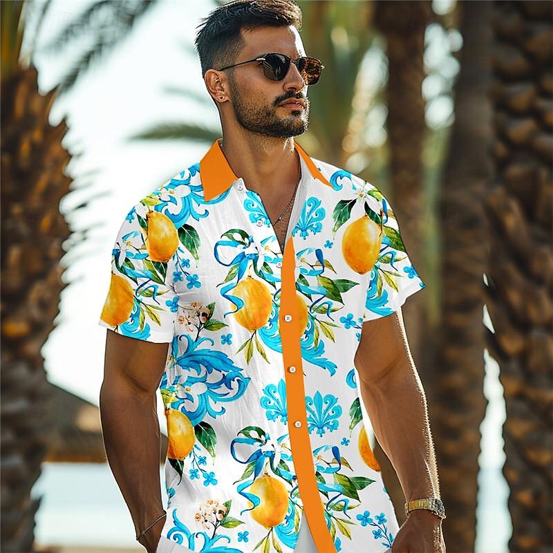 Men's Lemon Shirt Summer Hawaiian Shirt Aloha Shirt Short Sleeve Shirt Turndown Vacation Hawaiian Outdoor Vacation Hawaiian Yellow Blue Purple S M L4