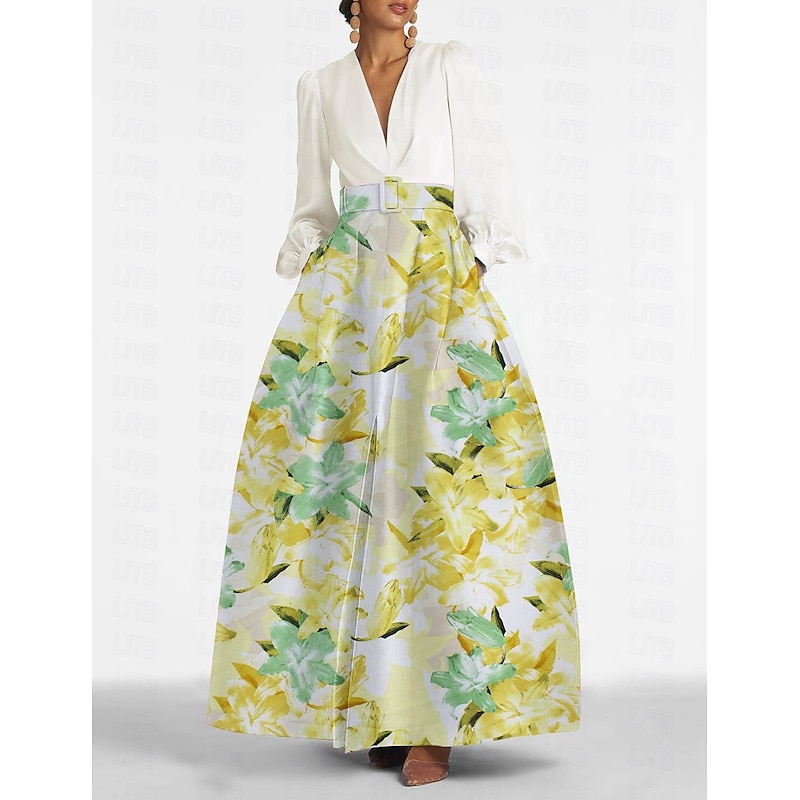 Beach Wedding A-Line Evening Gown Elegant Dress Formal Wedding Guest Floor Length Long Sleeve V Neck Belt / Sash Satin with Slit Wedding Guest Dress4