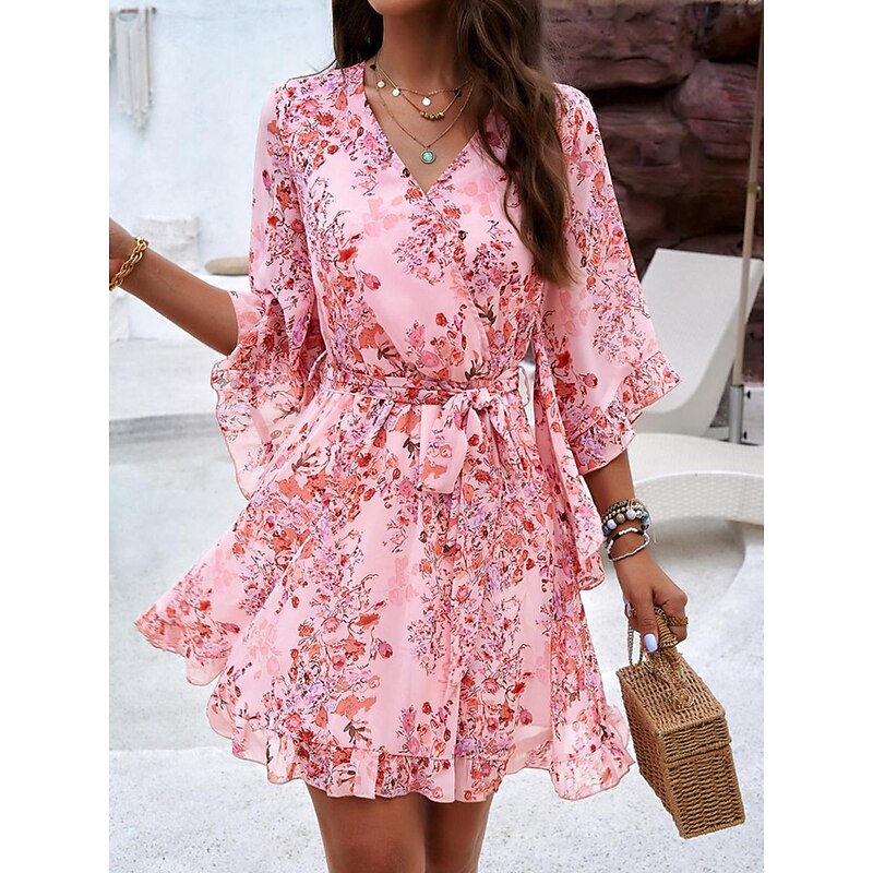 Women's Casual Dress Floral Lace up Print V Neck Mini Dress Boho Vacation 3/4 Length Sleeve Summer4