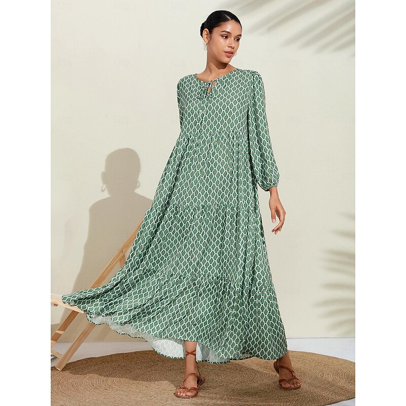 Women's A Line Dress Hem Maxi Maxi Dress Green Long Sleeve Geometic Geometrical Geometrical Spring V Neck Pattern Dress Simple fashion style Vacation S M L3