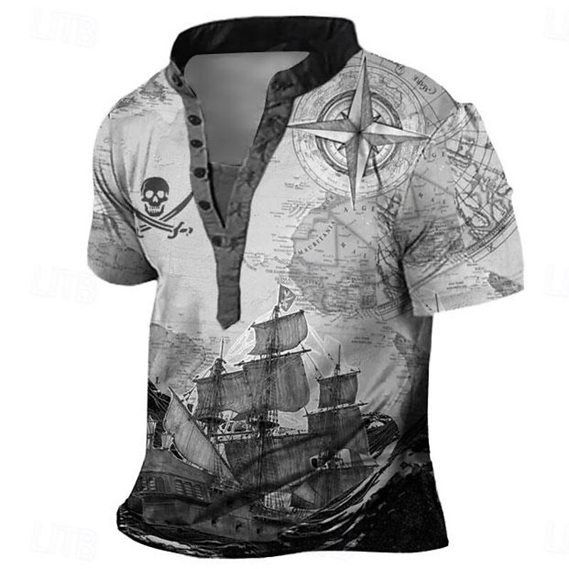 Ship Pirate Skulls Men's Vintage Retro 3D Print Henley T Shirt Tee Daily Vacation Going out T shirt Blue Purple Khaki Henley Shirt Summer Clothing Apparel S M L XL XXL XXXL3