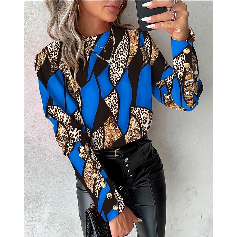 Women's Blouse Elegant Color Block Buttons Print Raglan Sleeves Long Sleeve Round Neck Casual Yellow Red Blue Green Spring & Summer2