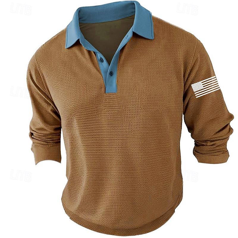 Men's American Flag Veterans Golf Shirt Long Sleeve Polo Shirts Collared Shirts Casual Vacation Wear Party Outfits Buttons 3D Print Spring & Summer Blue Green Khaki2