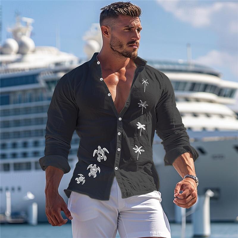 Men's Tropical Palm Tree Turtle Summer Hawaiian Shirt Aloha Shirt Printed Shirts Long Sleeve Shirt Turndown Hawaiian Resort Vacation Going out Beach Black White Green S M L4
