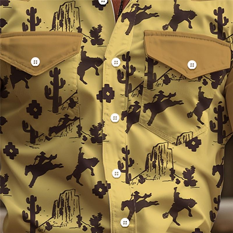 Men's Cowboy Western Shirt Button Up Shirt Cowboy Shirt Long Sleeve Vintage Western Style Daily Wear Weekend Spring Fall Winter Turndown Collared Shirts 3D Print Front Pocket Blue Brown Khaki3