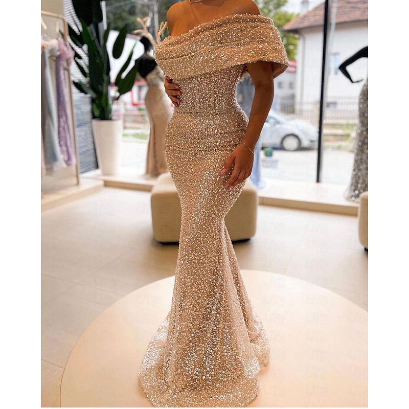 Gold Mermaid Sequined Evening Gown Elegant Dress Formal Floor Length Sleeveless Off Shoulder Masquerade Dress