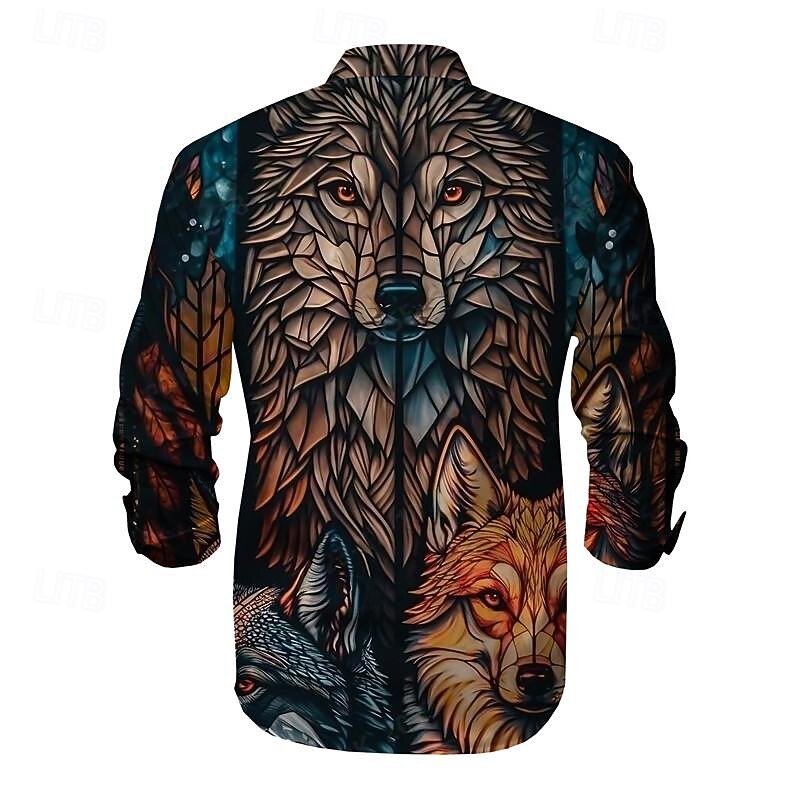 Men's Color Block Wolf Colorful Button Up Shirt Printed Shirts Long Sleeve Subcultural Vacation Party Street Spring & Summer Turndown Print Button-Down Pink Blue Purple Green2