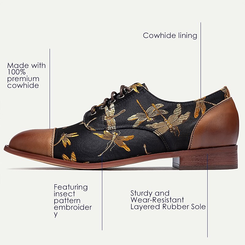 Men's Premium Cowhide Leather Oxford Shoes with Vintage Dragonfly Embroidery - Perfect for Formal Events and Special Occasions 9