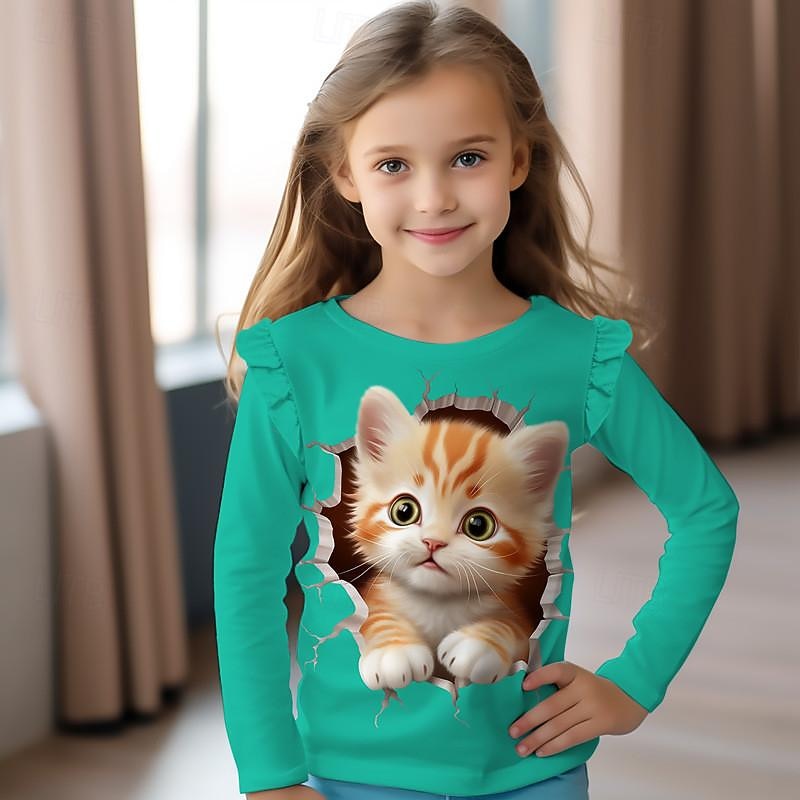 Girls' 3D Cartoon Cat Ruffle Tee Pink Long Sleeve 3D Print Spring Fall Active Fashion Cute Kids 3-12 Years Crew Neck Outdoor Casual Daily Regular Fit2