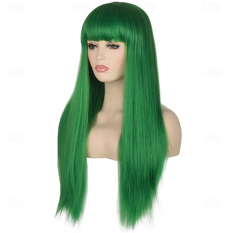 Women's 26 Long Straight Green Synthetic Resistant Hair Wigs with Bangs Natural Looking Wig for Women Halloween Cosplay St.Patrick's Day Wigs3