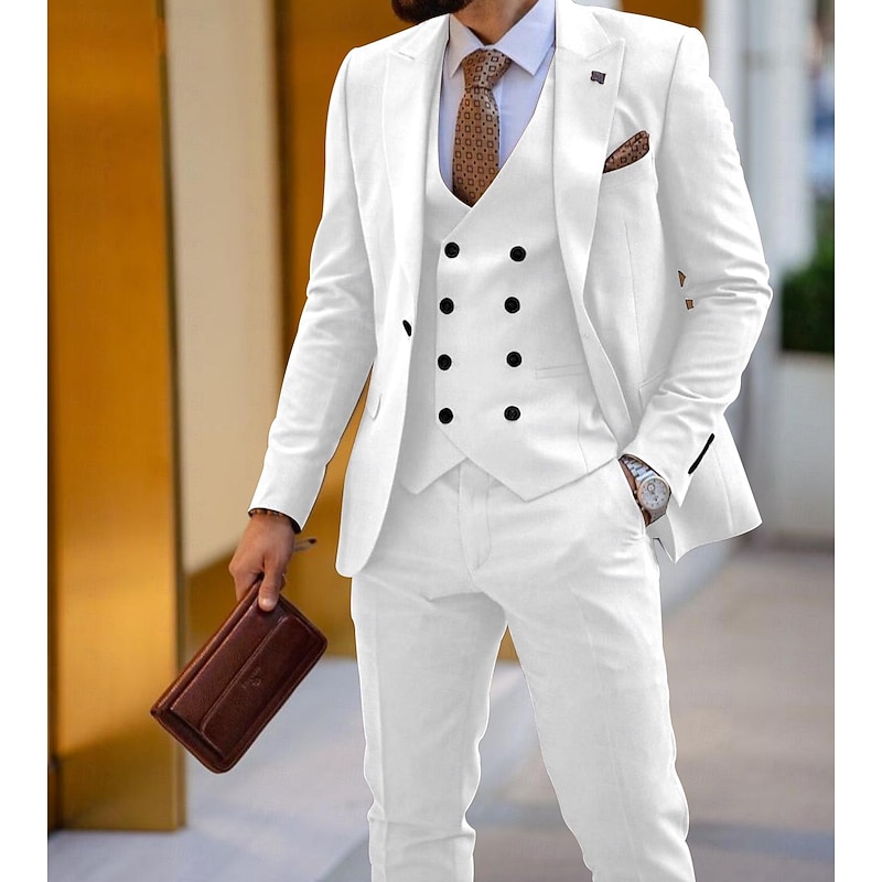 Men's Wedding Party Suits Peaked Lapel Peak Black White Solid Colored Tailored Fit 3 Piece Single Breasted One-button
