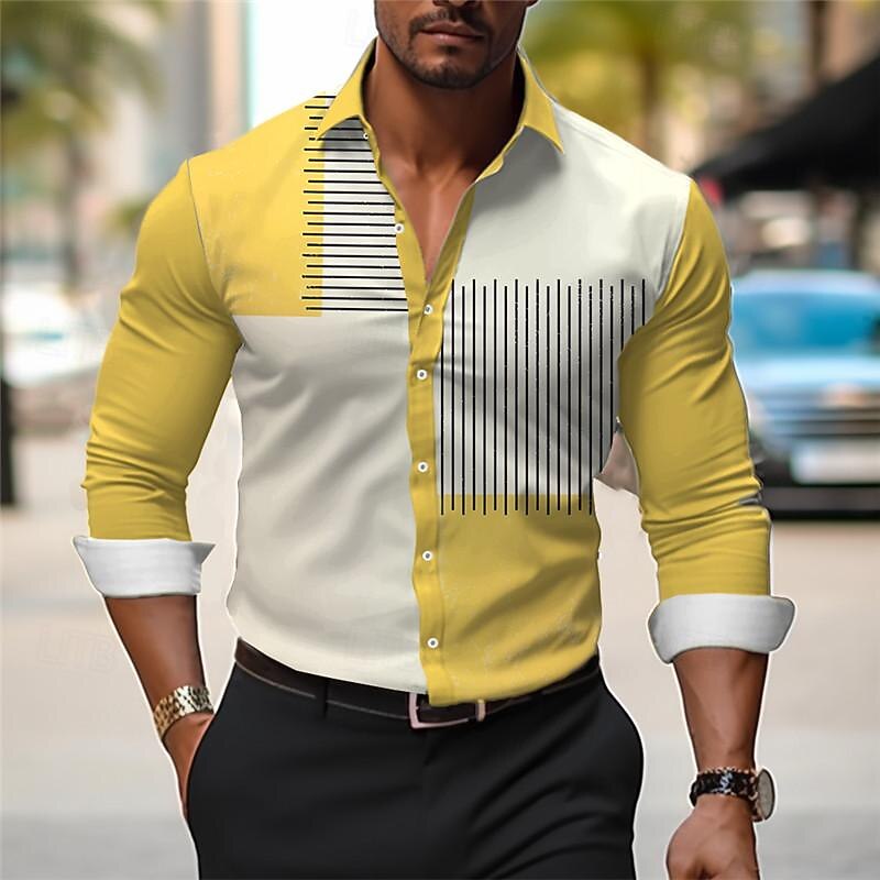 Men's Dress Shirt Printed Shirts Color Block Outdoor Wear to work Yellow Blue Purple Gray Long Sleeve Turndown Spring & Summer Clothing Apparel Print