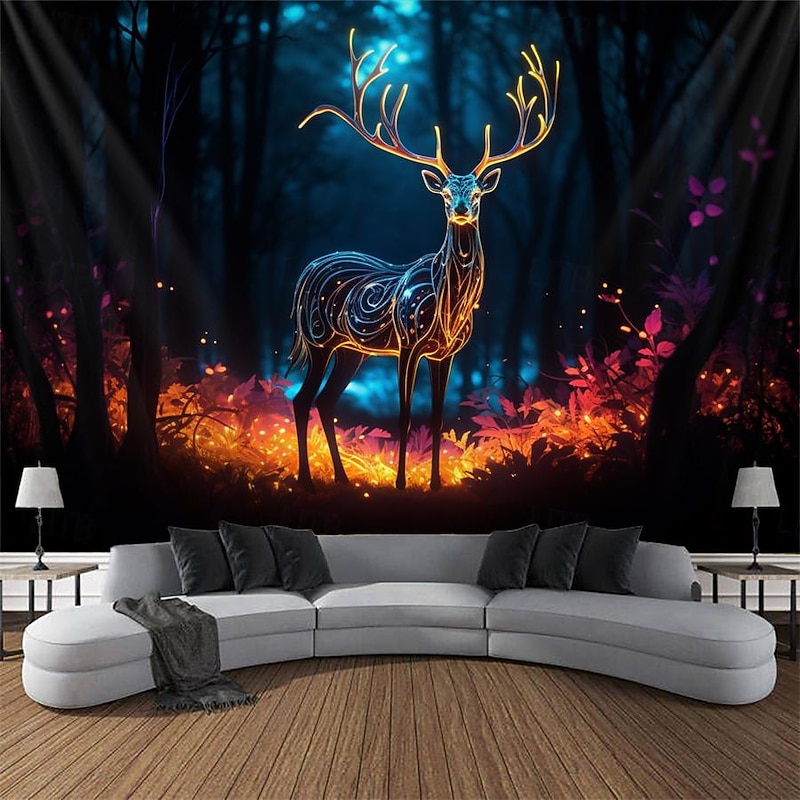 Blacklight Tapestry UV Reactive Glow in the Dark Glow Party Neon Forest Reindeer Psychedelic Trippy Misty Hanging Tapestry Wall Art Mural for Living Room Bedroom